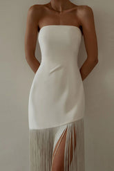Weißes trägerloses Party-Cocktailkleid mit Quaste